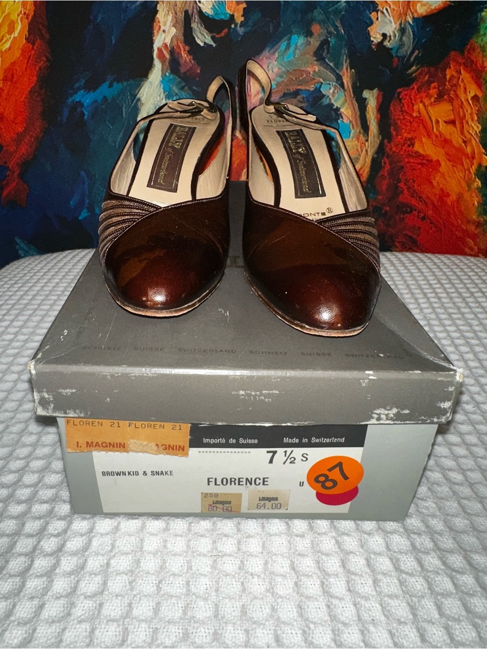 No.87 Vintage Bally Florence Brown Kid & Snake Skin Slingback Heels Size 7.5S